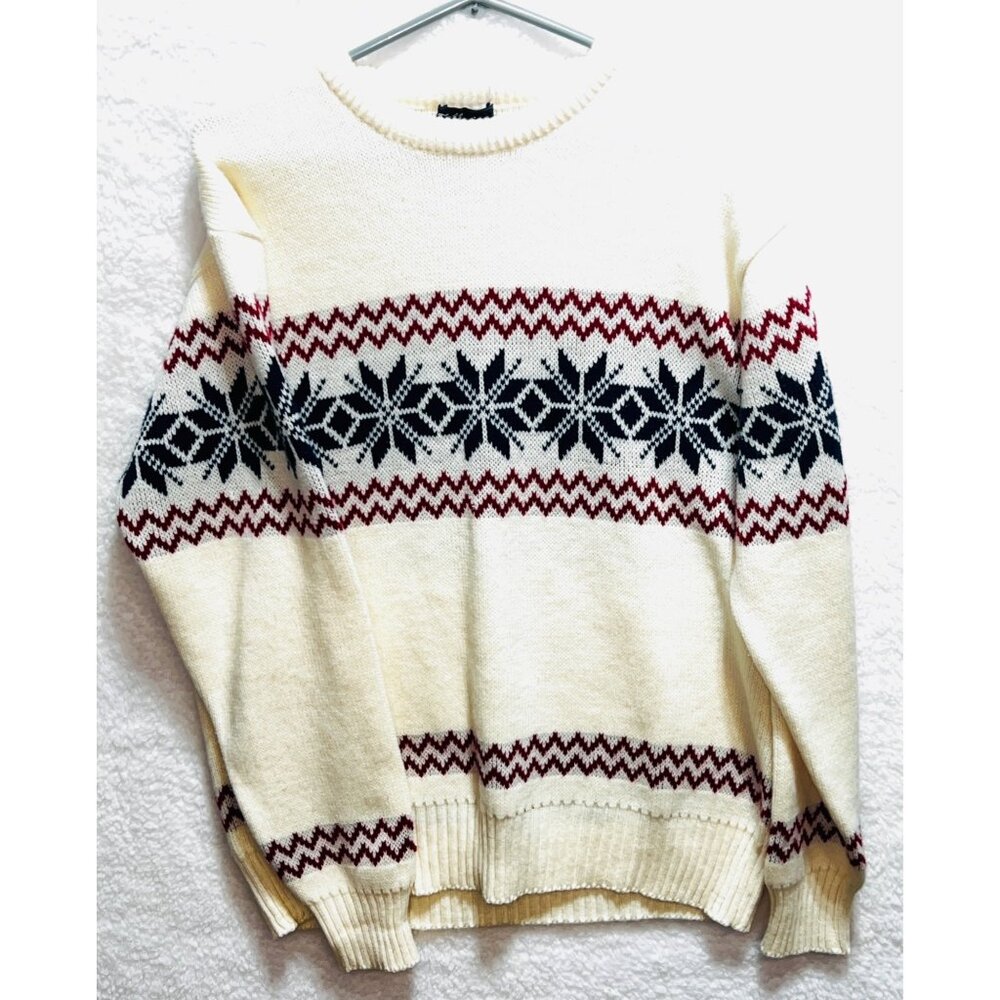 Fellsgate Mens Sweater Knit Large Winter Pattern Cream 100% Acrylic